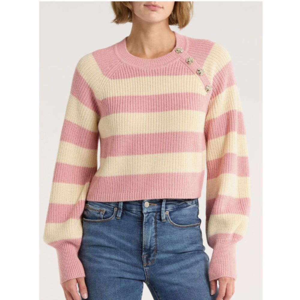 Cinq à Sept Keren Button Shoulder Crystal Button Wool Blend Sweater Med NWT